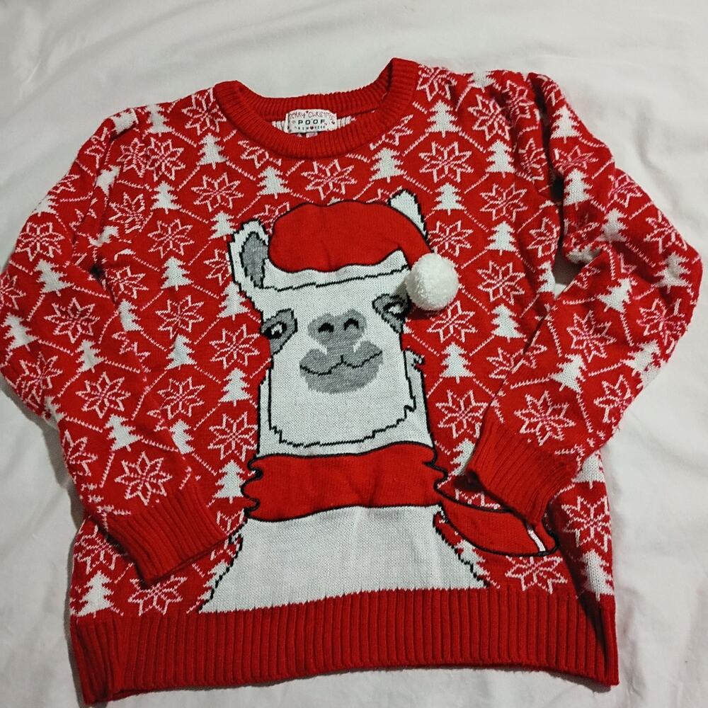Ugly Christmas Sweater Med LAMA Santa PomPom Red Christmas Trees Snowflakes POOF